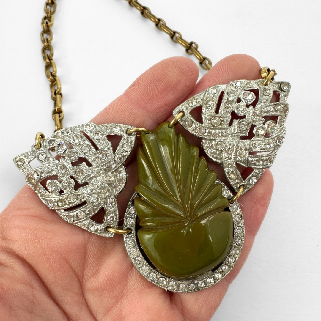 Refashioned vintage green bakelite and clear rhinestone assemblage necklace