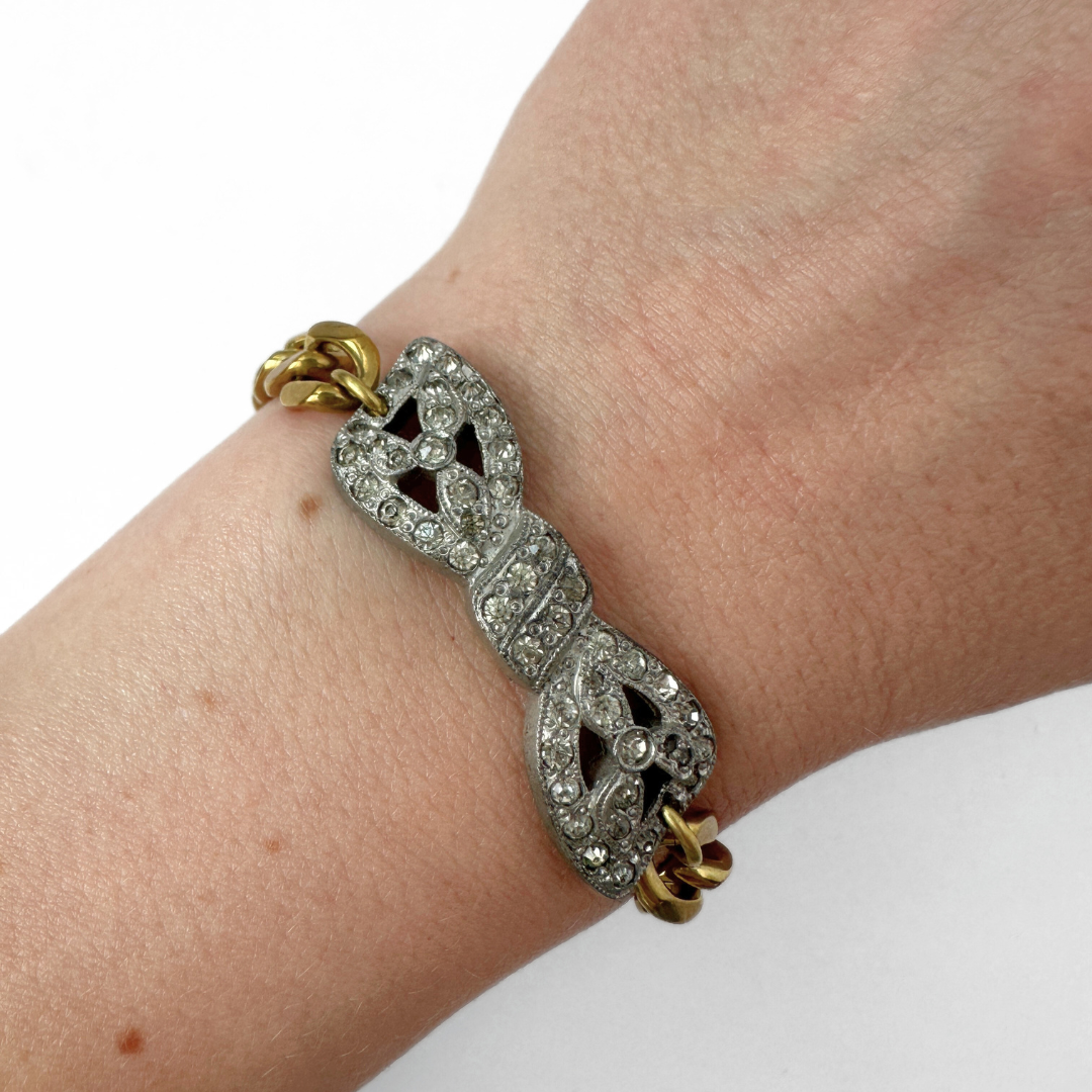 Refashioned vintage clear rhinestone bow bracelet with brass chain