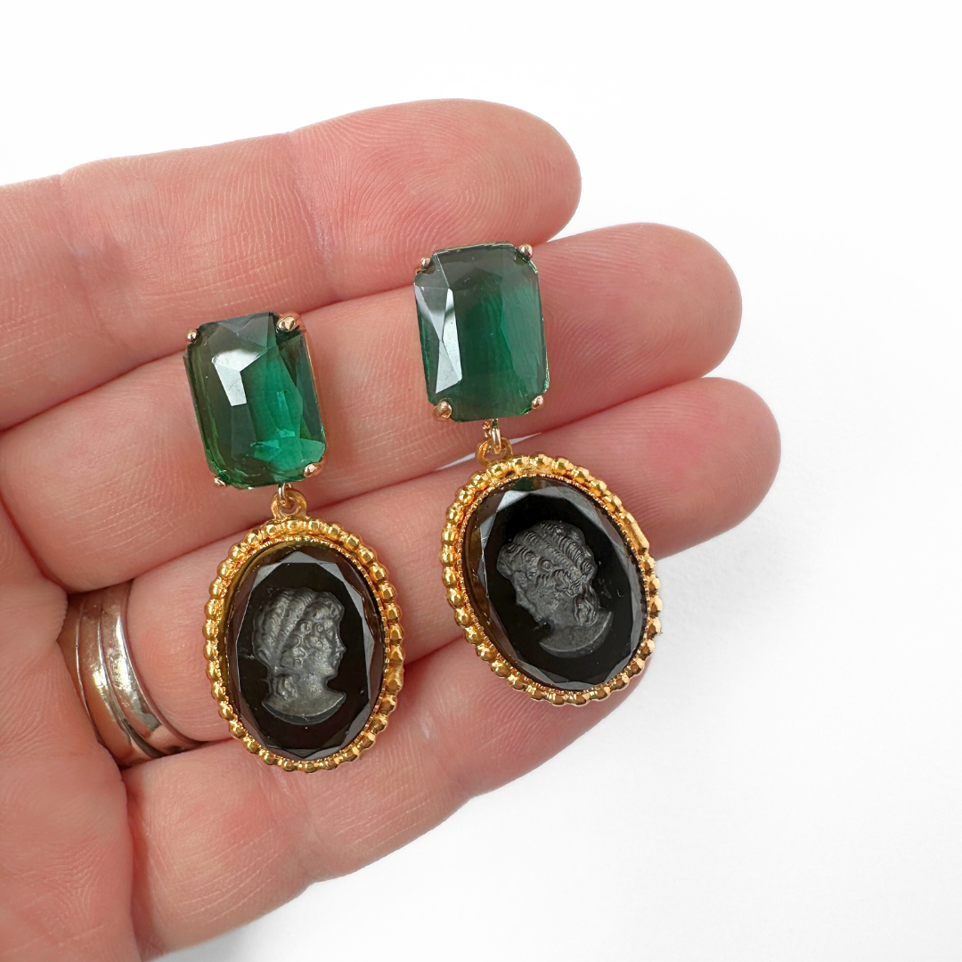 Black, gold, and green refashioned vintage cameo statement earrings