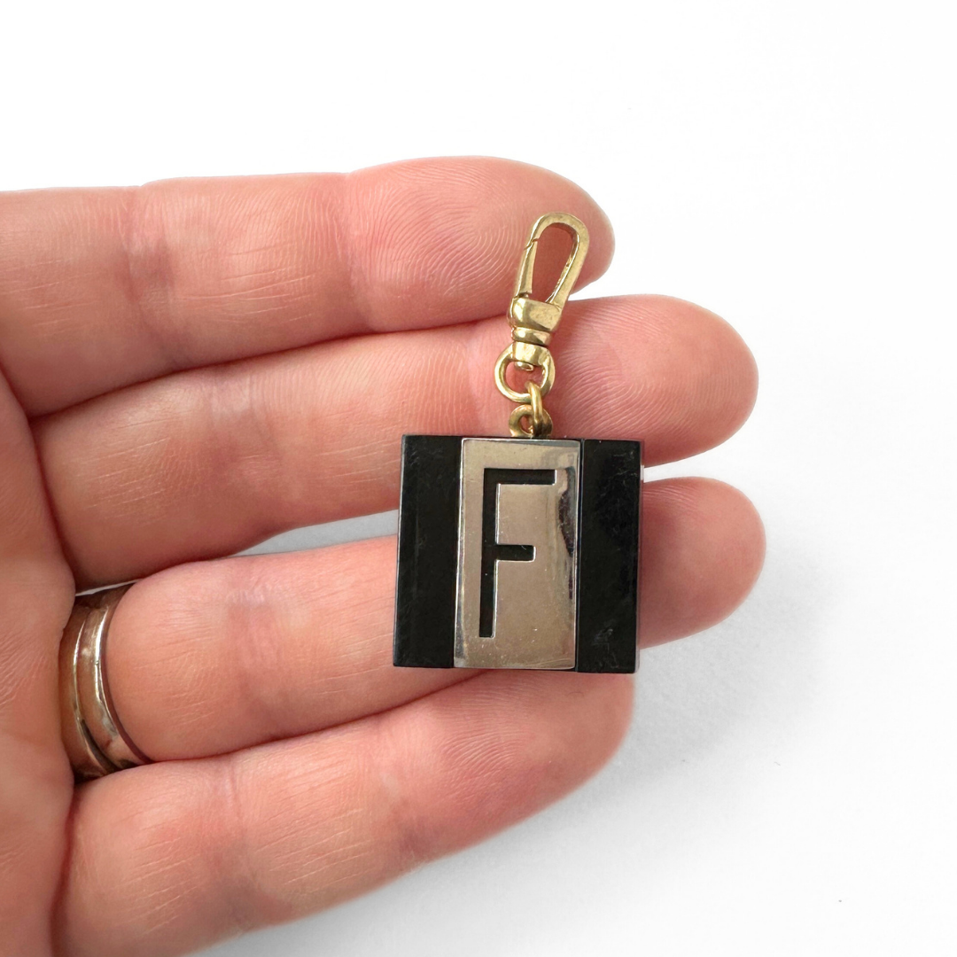 Large vintage black and silver letter "F" square charm