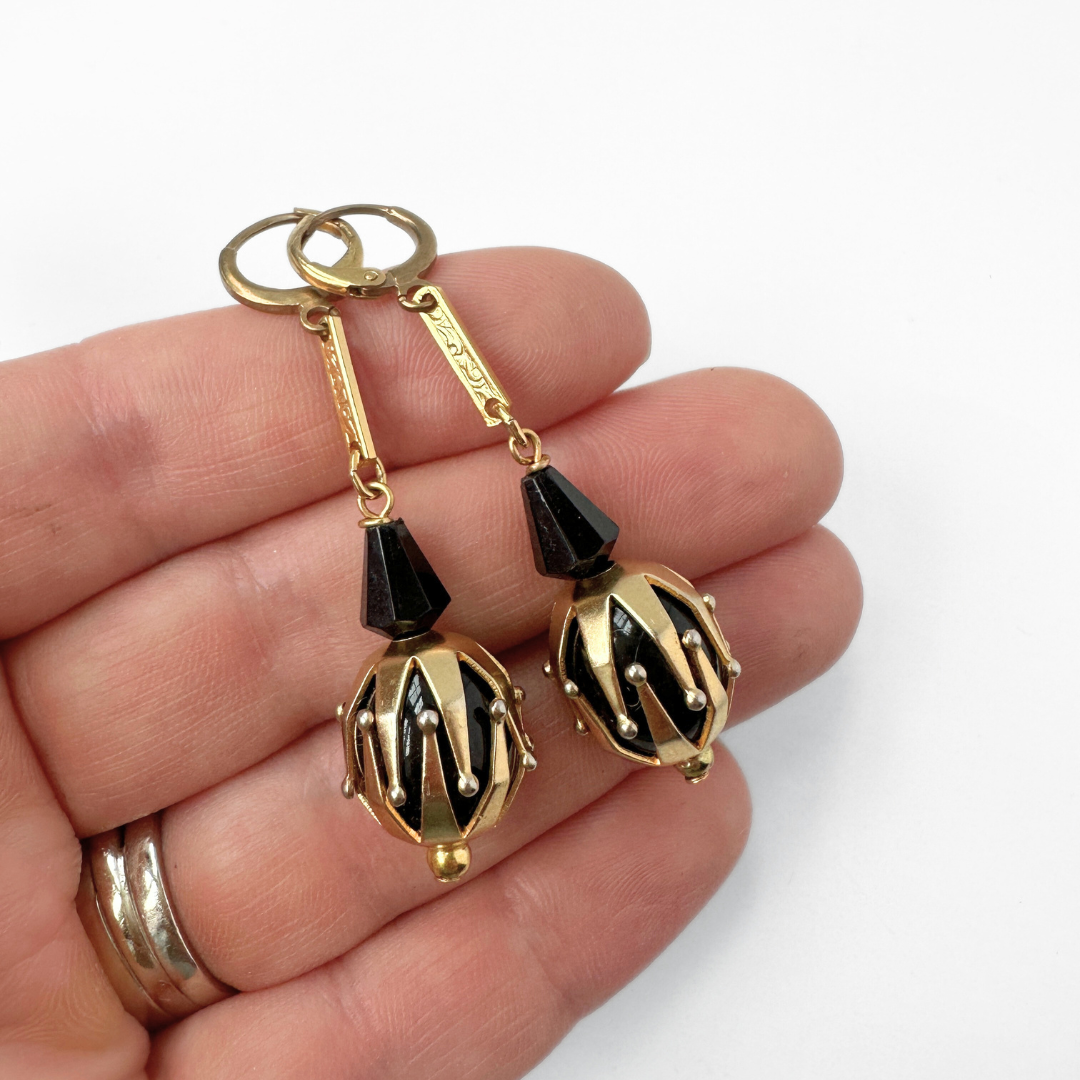 Refashioned vintage black and gold beaded drop earrings