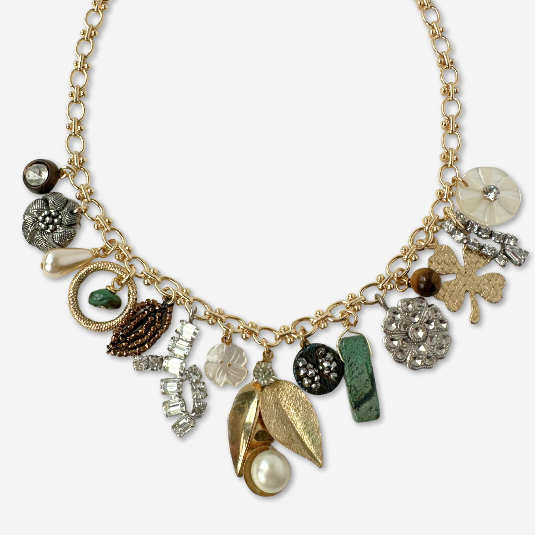 Repurposed vintage rhinestone charm necklace on gold plated chain