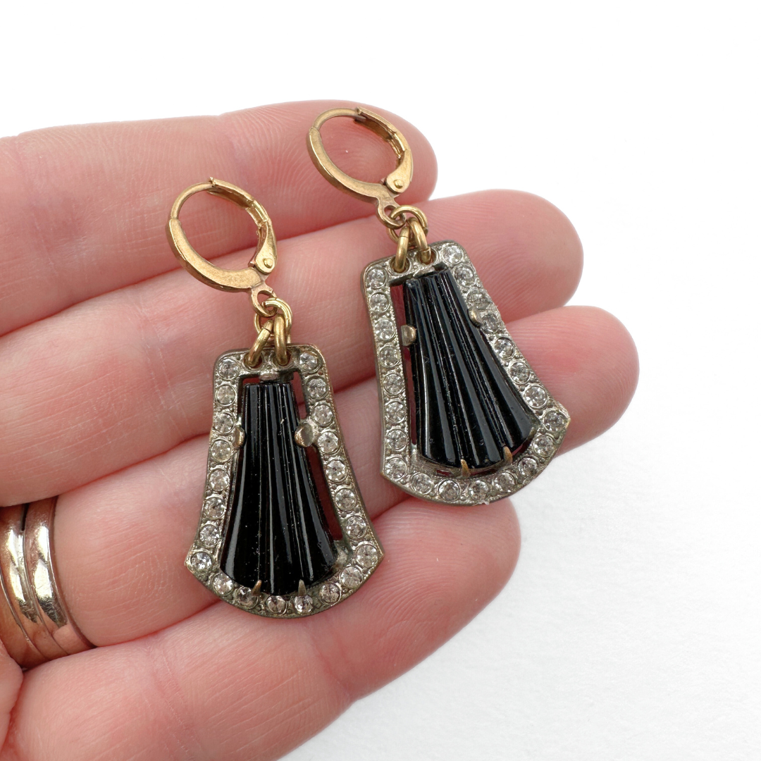 Refashioned art deco vintage black glass and clear rhinestone earrings