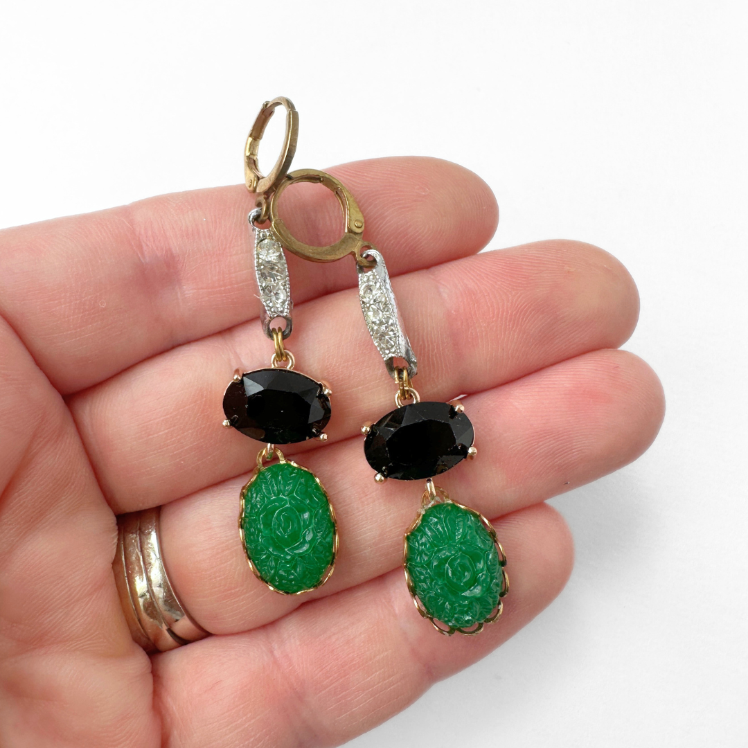 Refashioned vintage green, rhinestone, and black dangle earrings