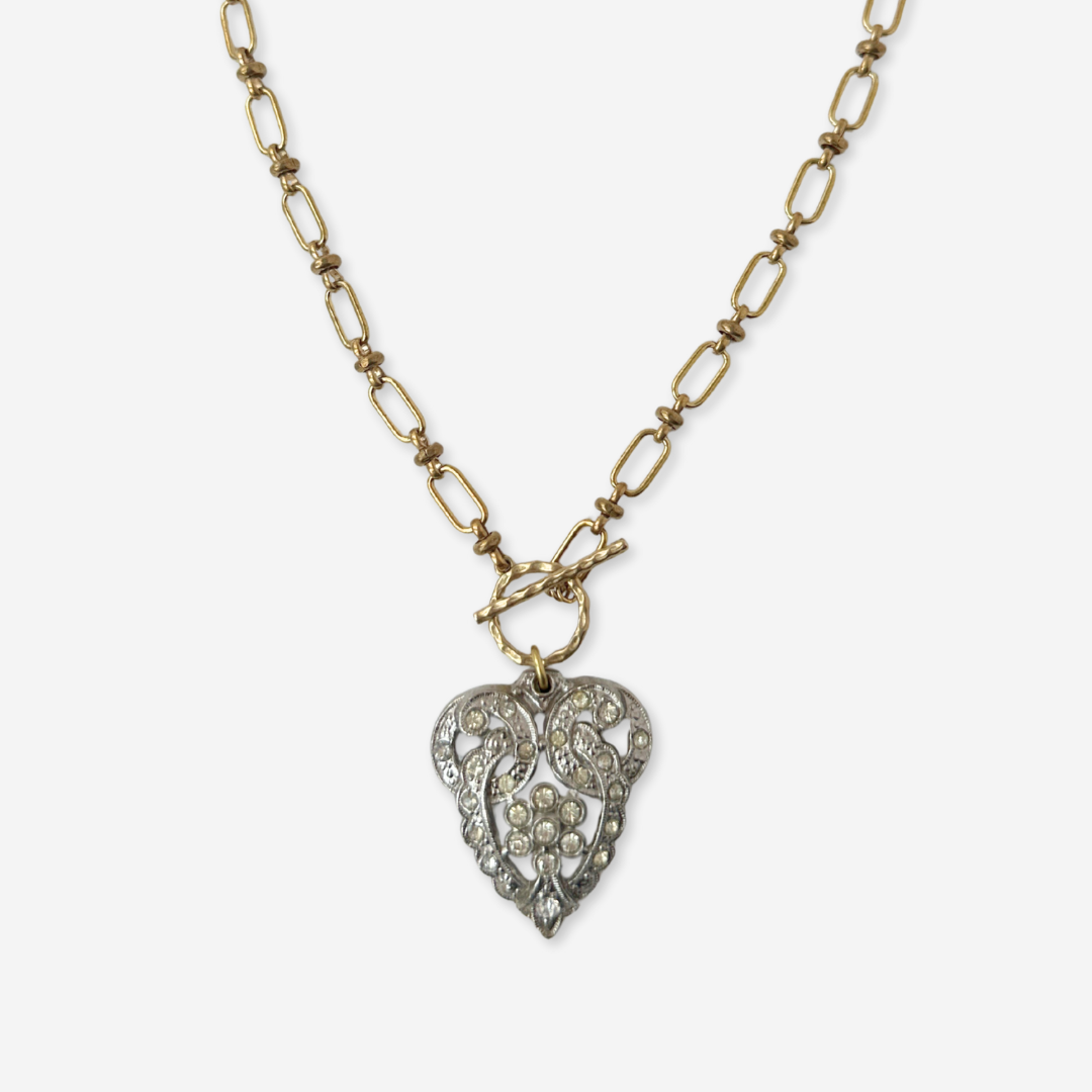 Vintage art deco rhinestone pendant with brass chain and toggle clasp