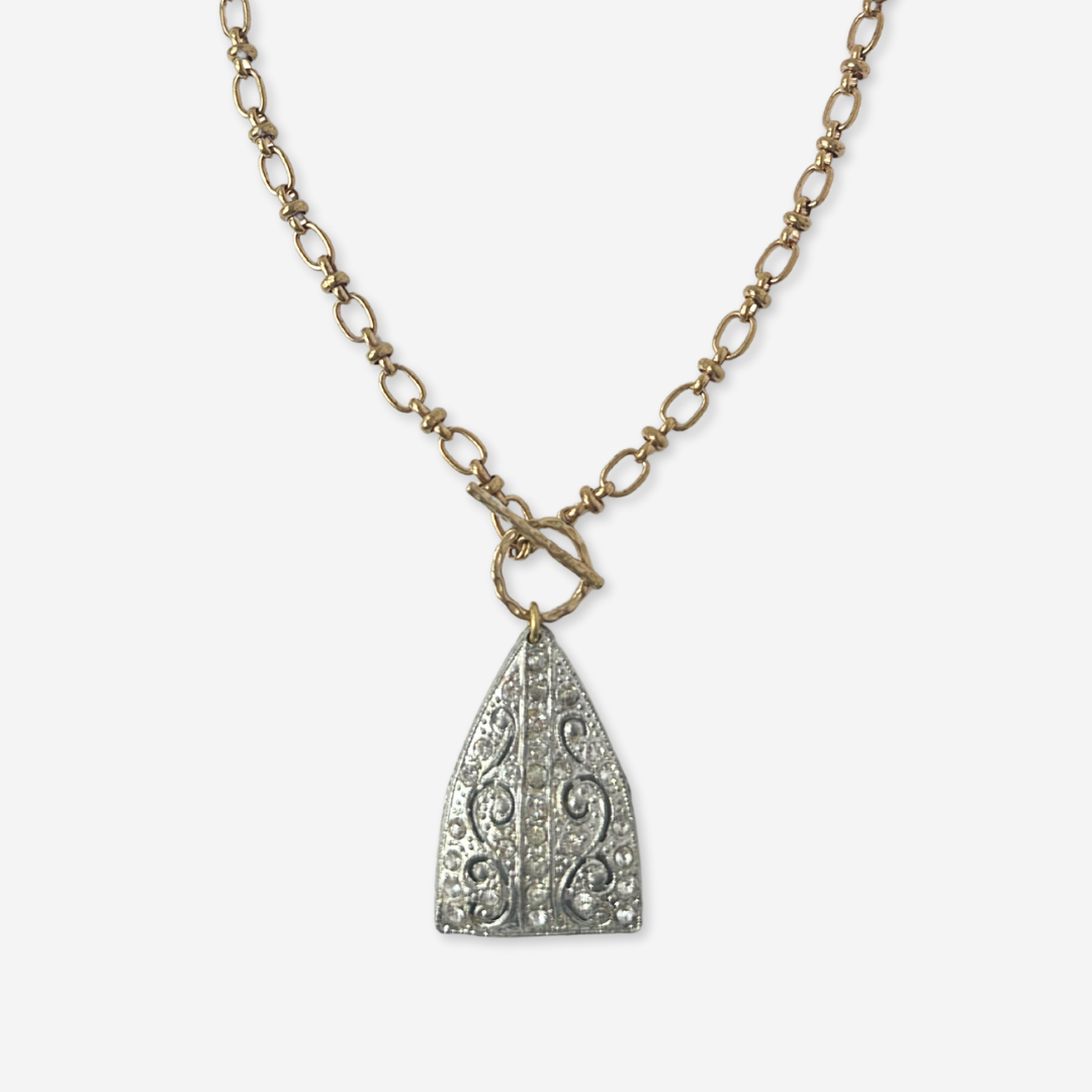 Vintage art deco rhinestone pendant with brass chain and toggle clasp