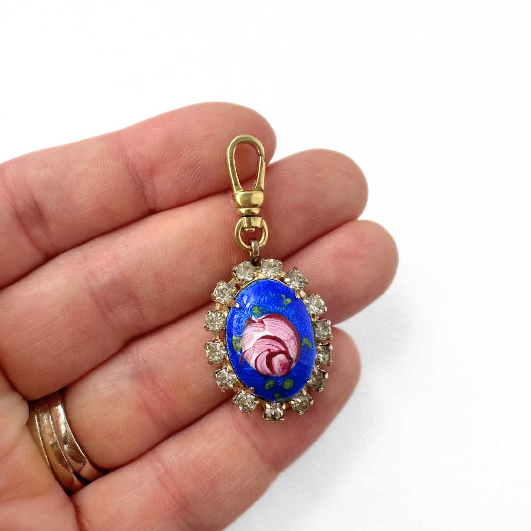 Vintage hand painted royal blue and rhinestone oval floral charm