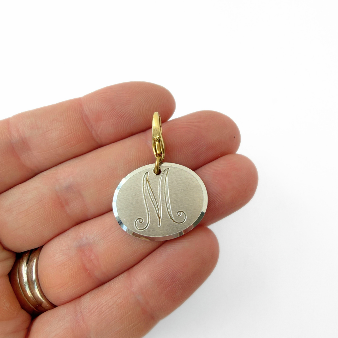 Refashioned vintage silver letter "M" oval cufflink charm