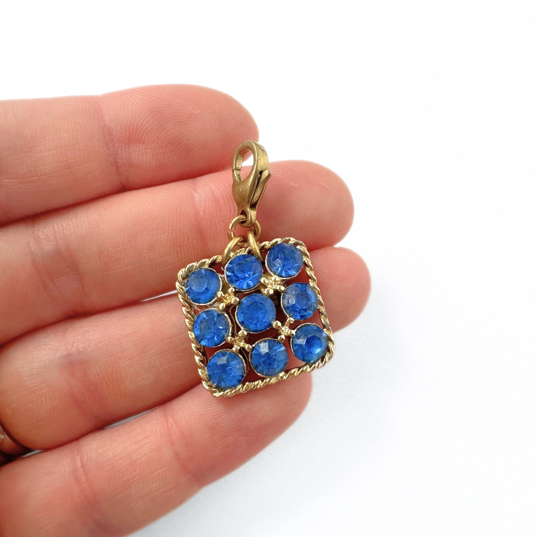 Vintage cobalt blue rhinestone square charm