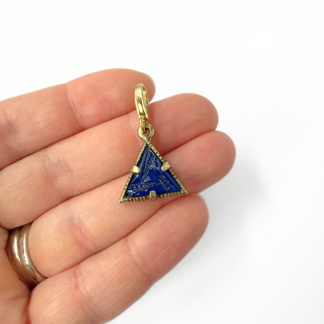 Vintage geometric pressed blue glass triangular charm