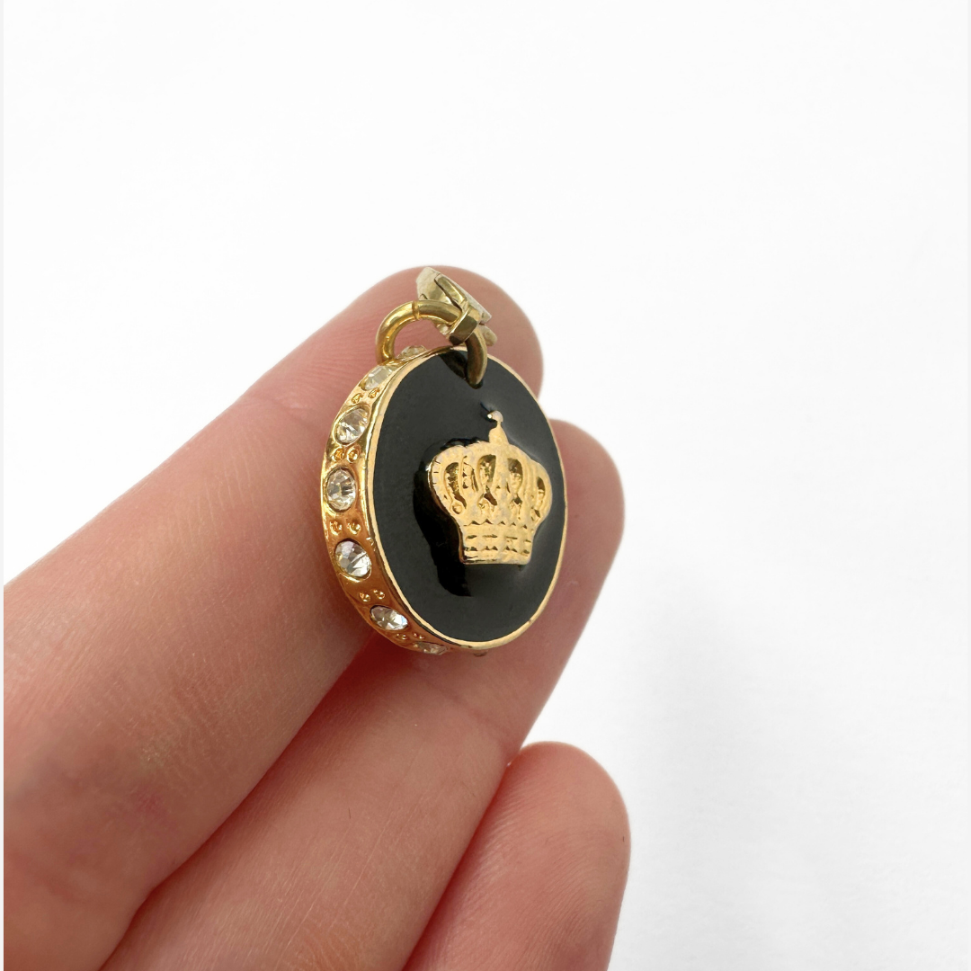 Vintage black enamel and gold crown button charm