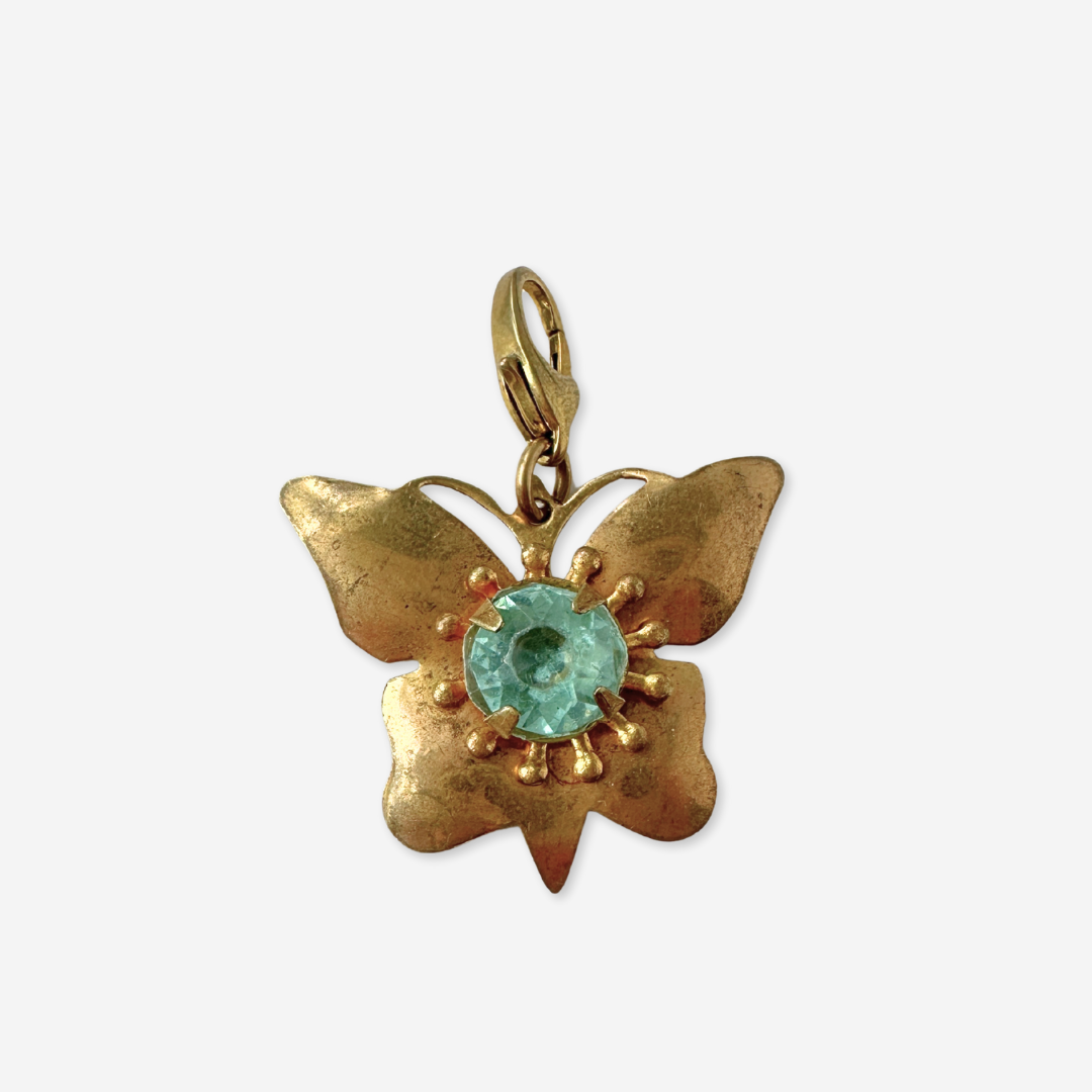 Vintage aged brass butterfly charm with aqua rhinestone