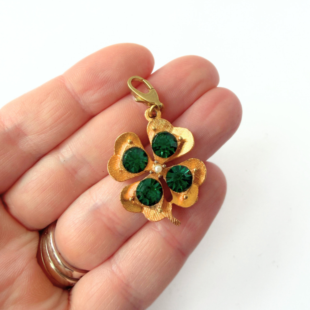 Large vintage gold and green rhinestone clover charm