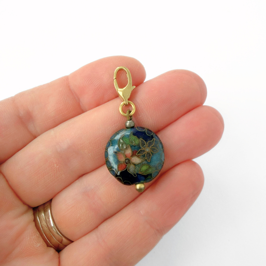 Vintage dark blue floral cloisonné circular bead charm