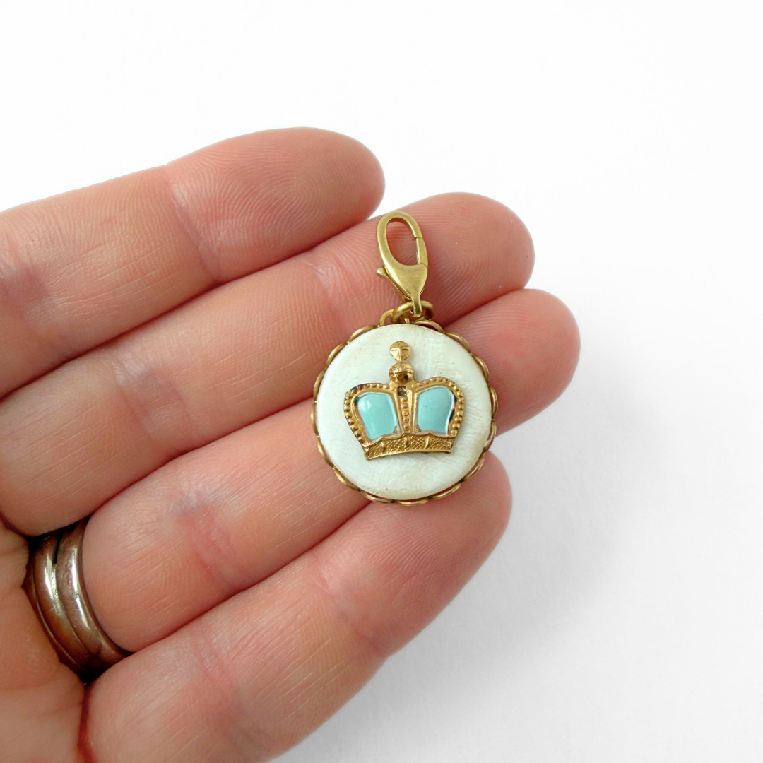 Vintage mother of pearl and baby blue enamel crown button charm