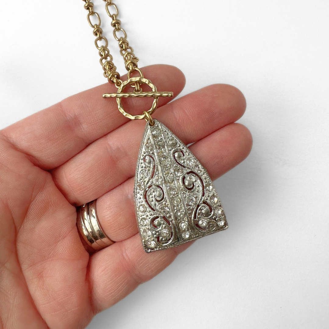Vintage art deco rhinestone pendant with brass chain and toggle clasp