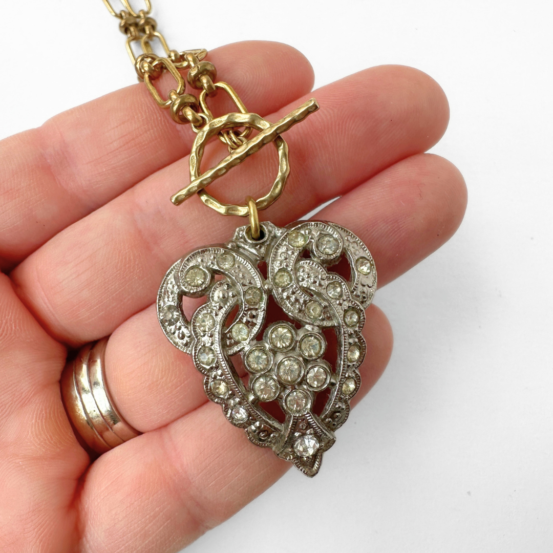Vintage art deco rhinestone pendant with brass chain and toggle clasp