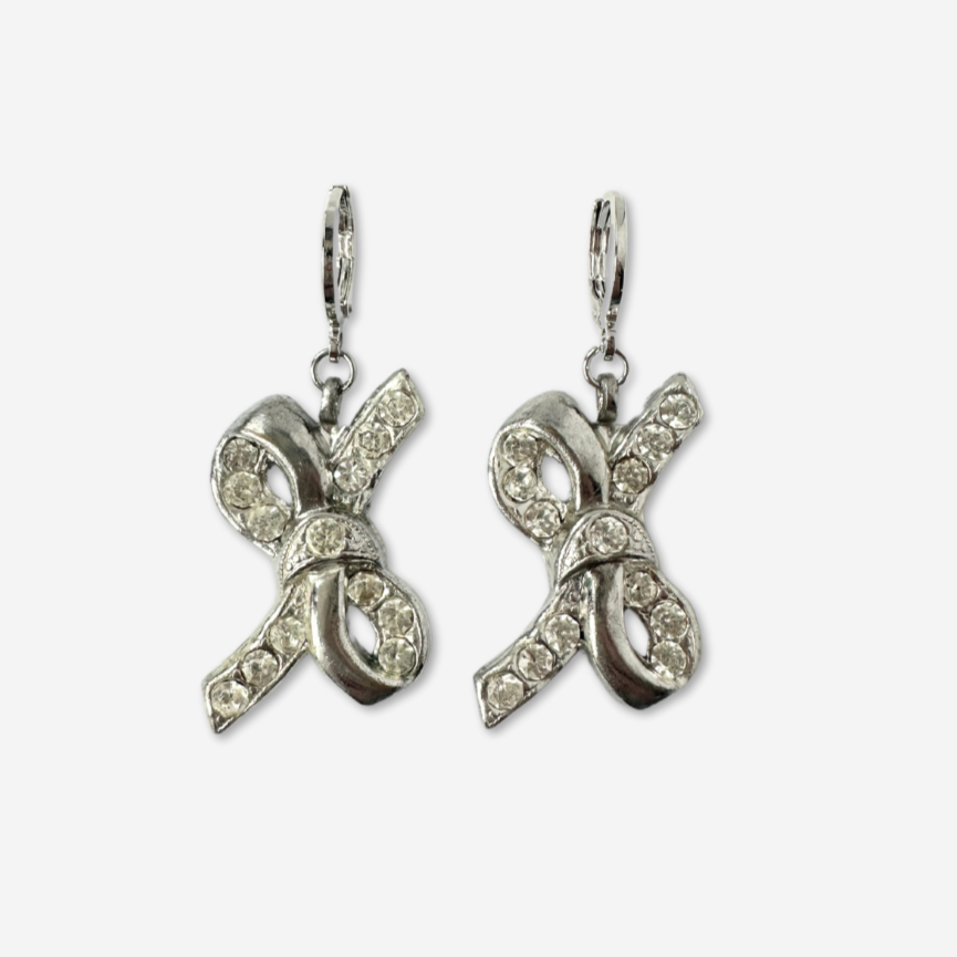 Refashioned vintage clear rhinestone and silver bow earrings
