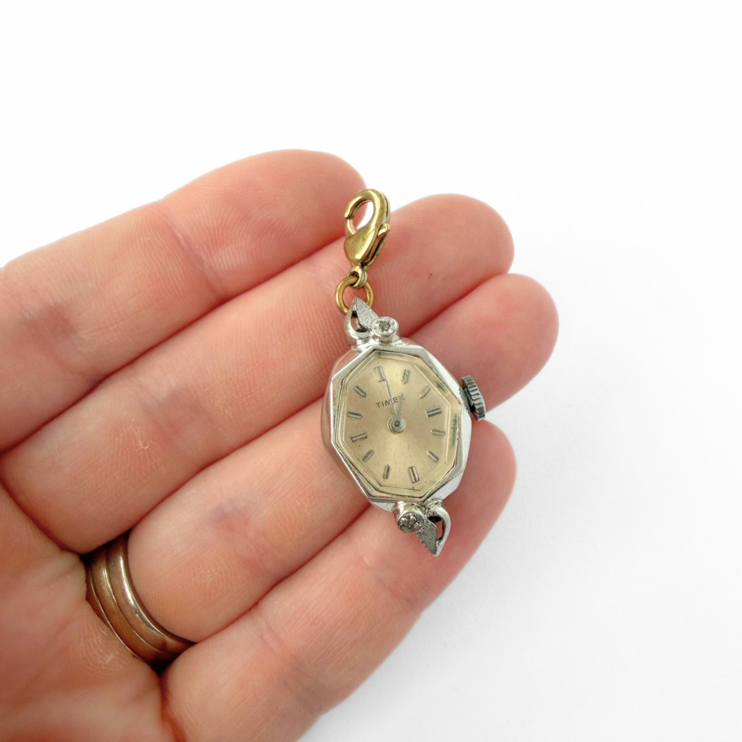 Vintage silver tone "Timex" watch face charm