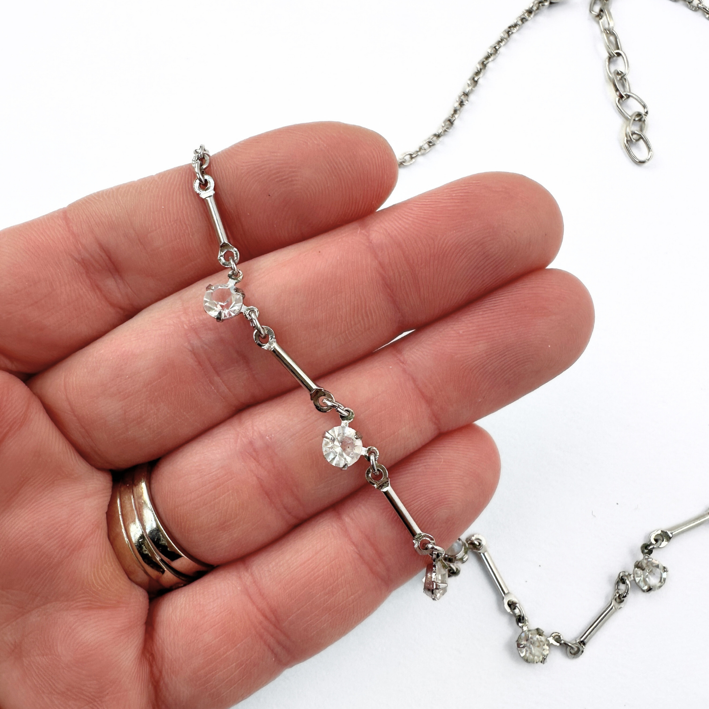 Refashioned vintage petite clear crystal and silver bar chain necklace
