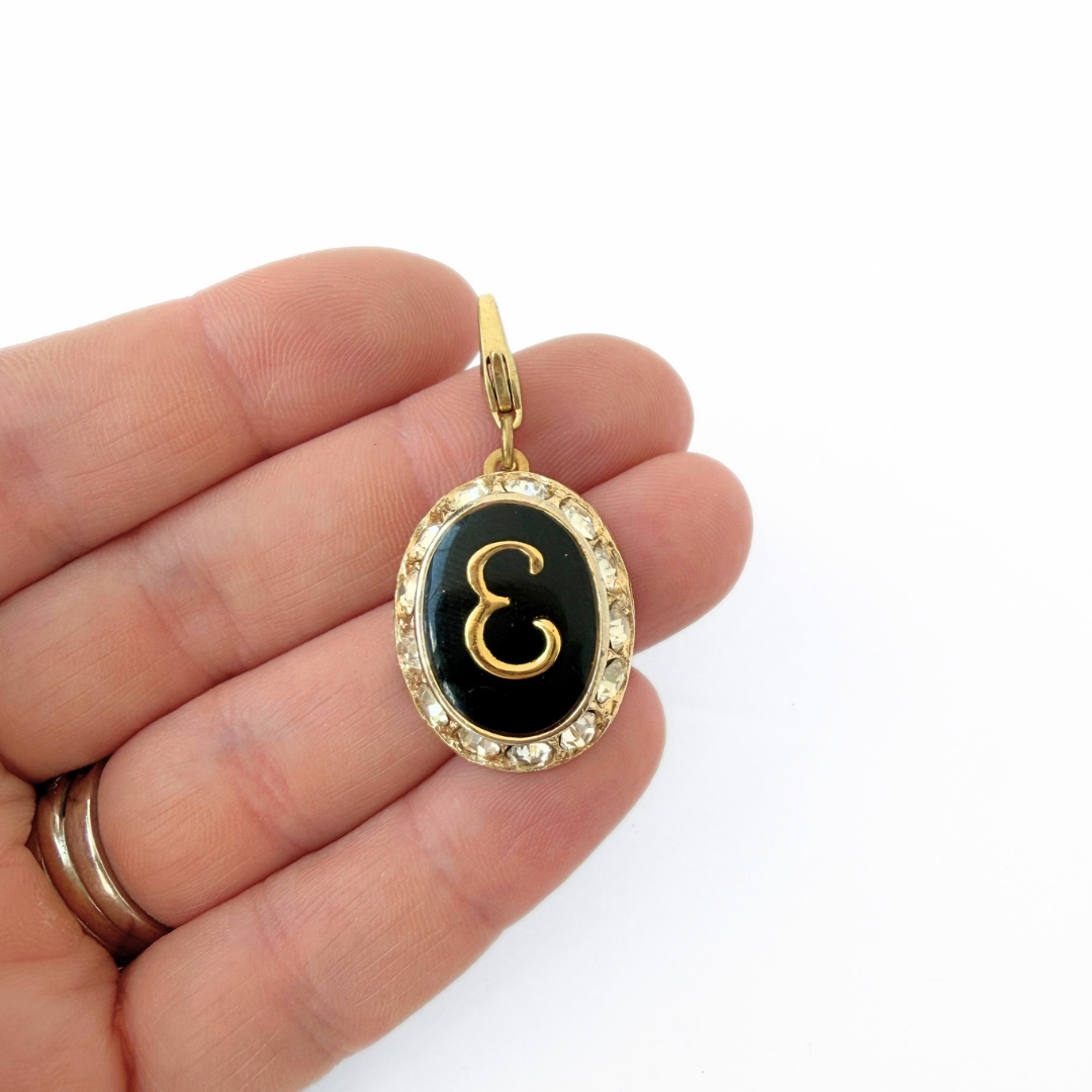 Refashioned Vintage black letter "E" charm in clear rhinestone round setting