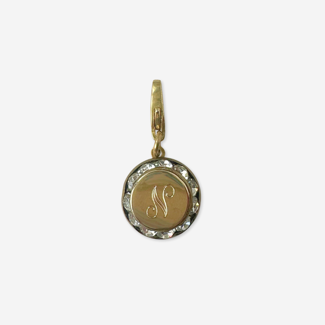 Small vintage rhinestone and gold plated "N" monogram charm