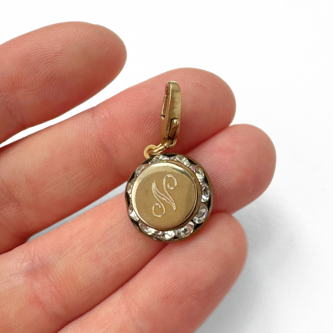 Small vintage rhinestone and gold plated "N" monogram charm