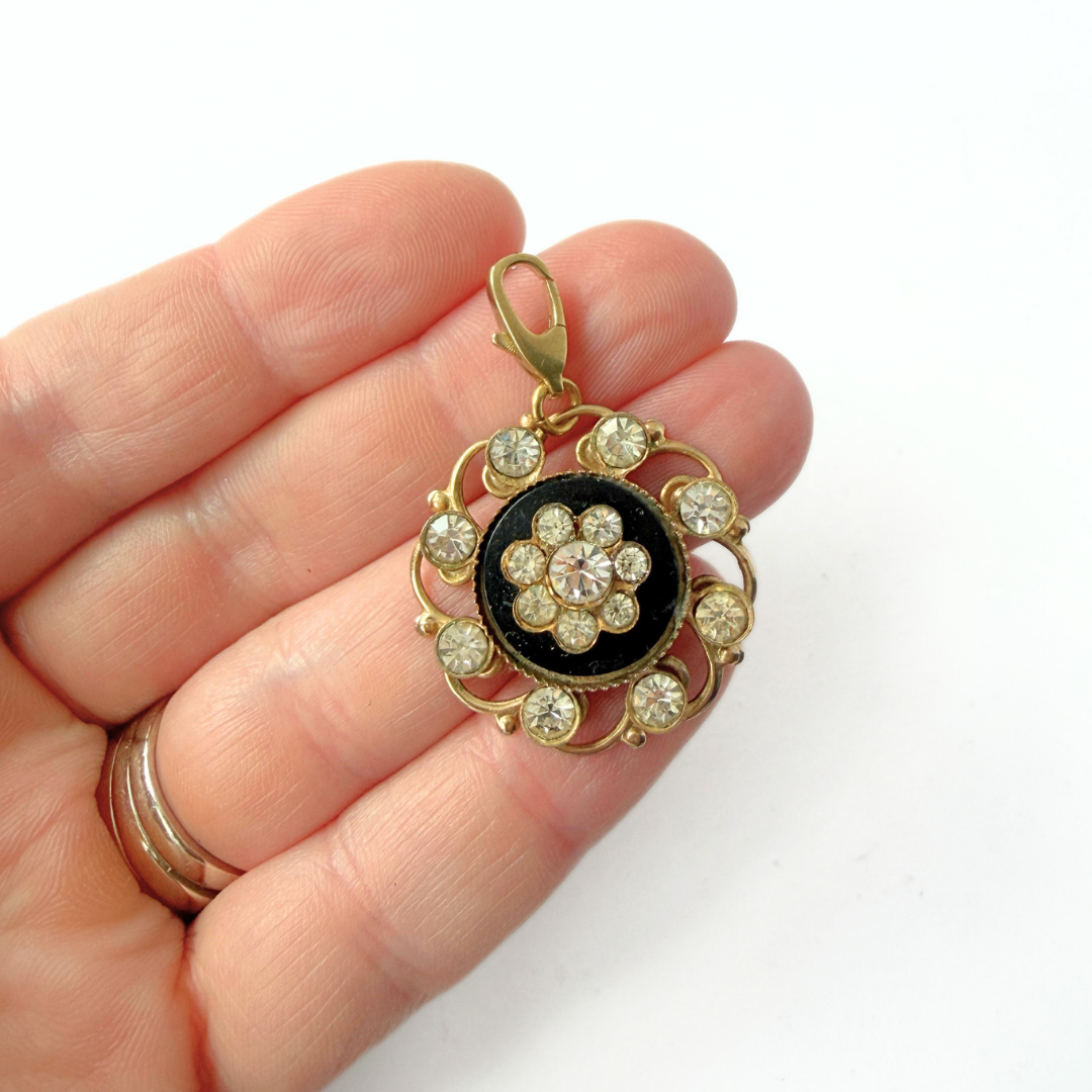 Refashioned vintage black, gold, and clear rhinestone circular charm