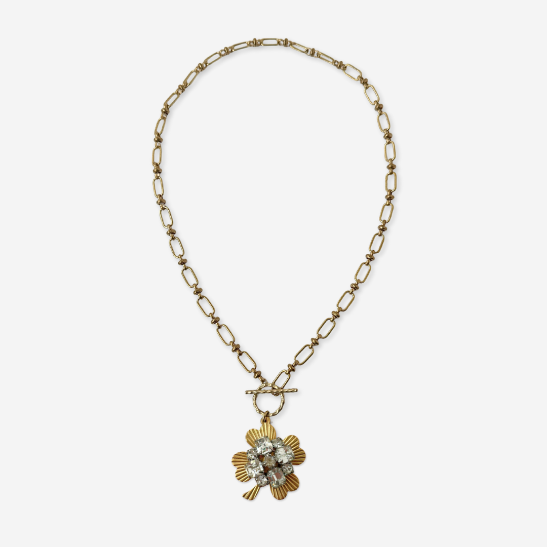 Large solid brass four leaf clover pendant with vintage clear rhinestone embellishment on brass toggle chain