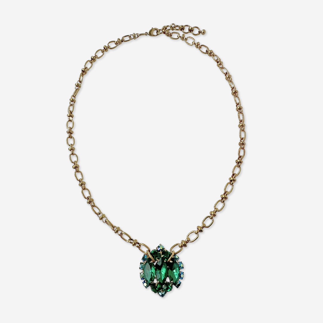 Refashioned vintage emerald green rhinestone pendant with brass chain