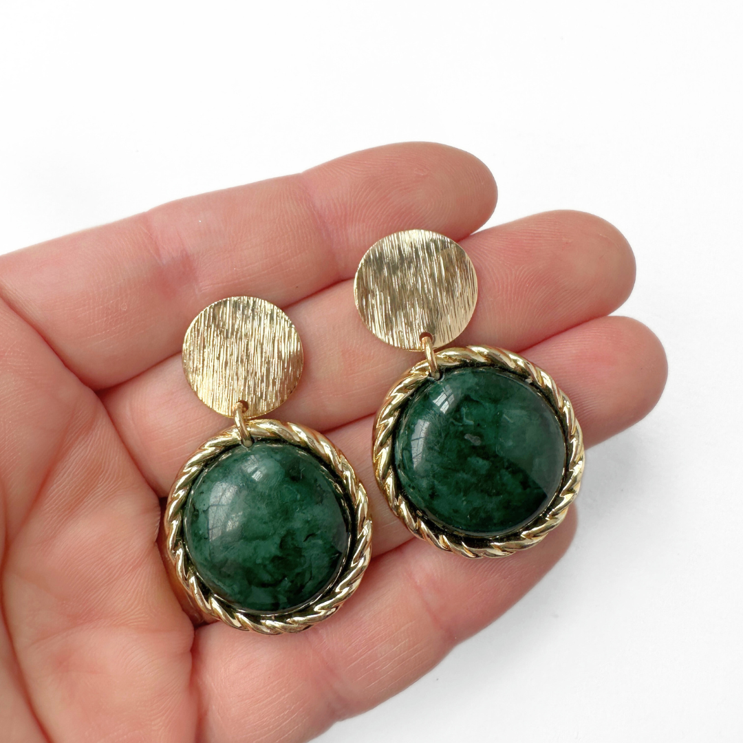 Refashioned vintage dark green and gold circular earrings