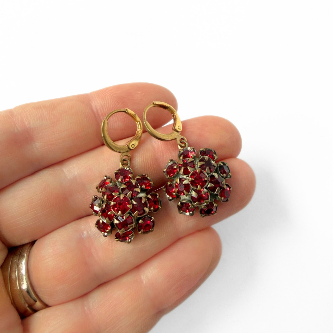 Refashioned vintage ruby red rhinestone drop earrings