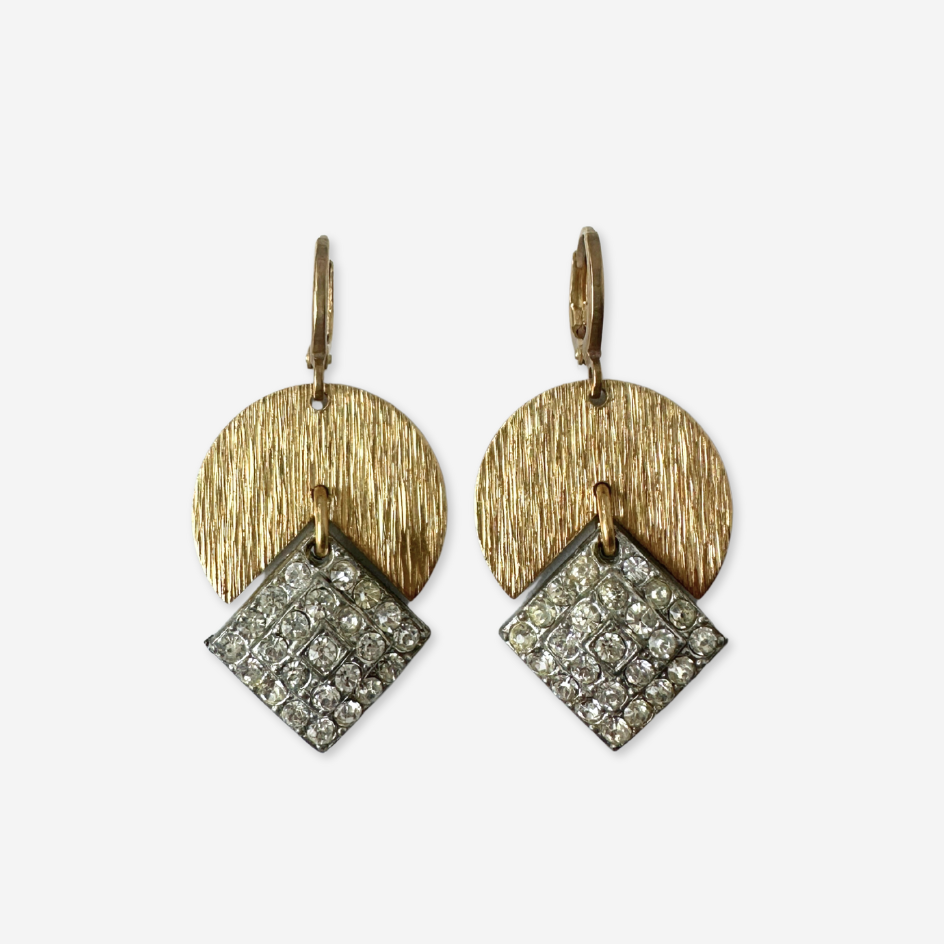 Refashioned vintage clear rhinestone square earrings with brass wedge