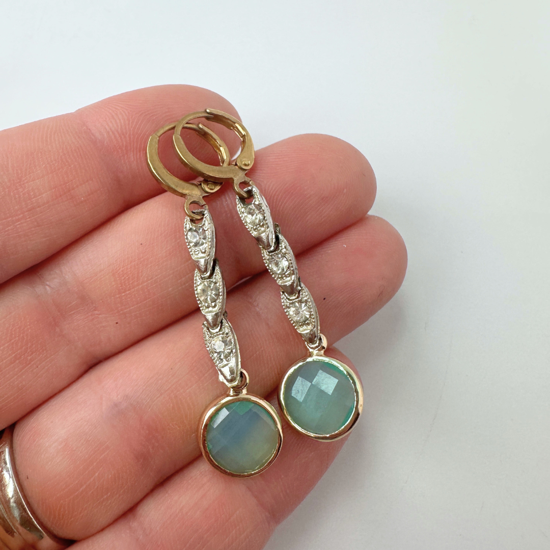 Refashioned vintage clear rhinestone link earrings with pacific opal drop