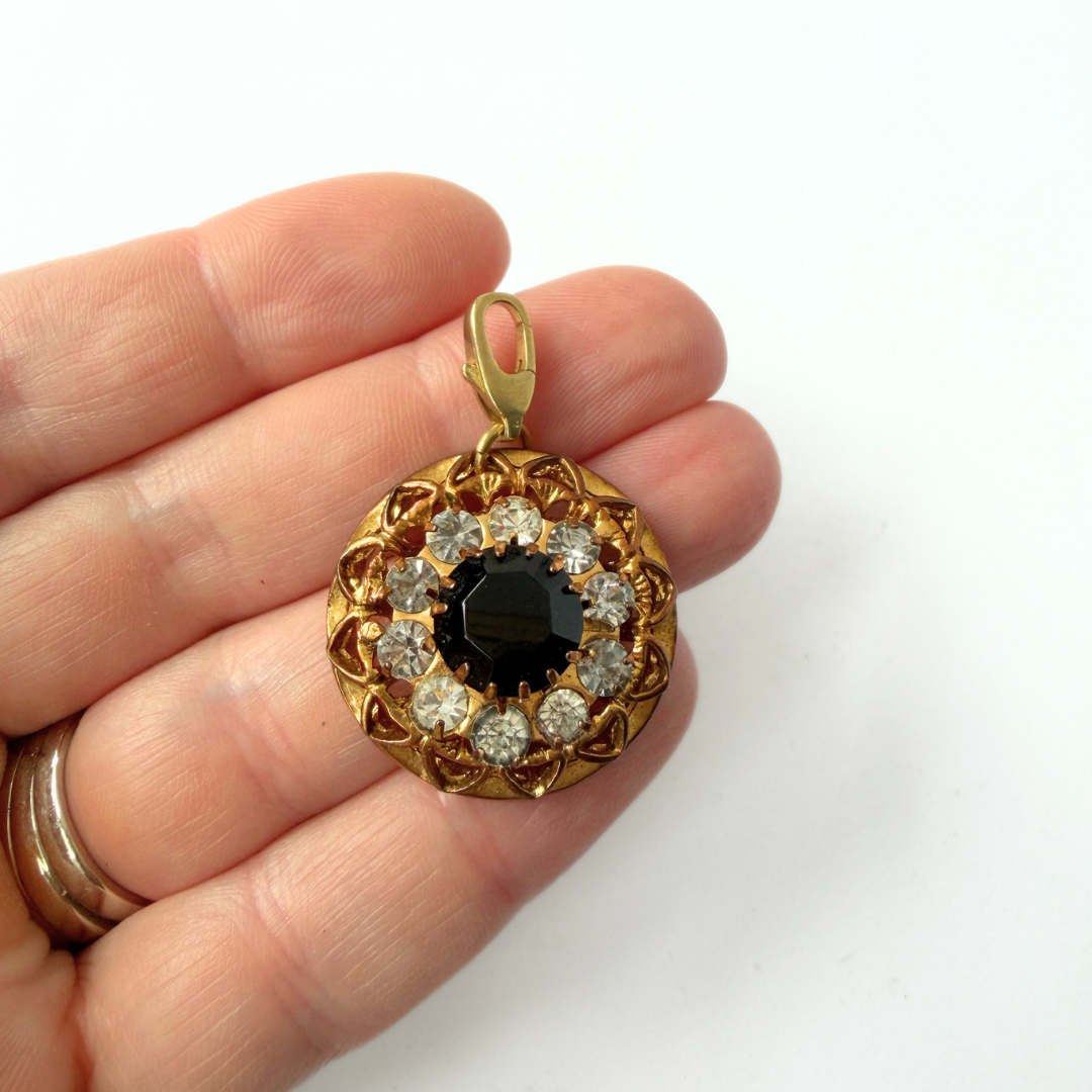 Refashioned vintage black, gold, and clear rhinestone circular charm