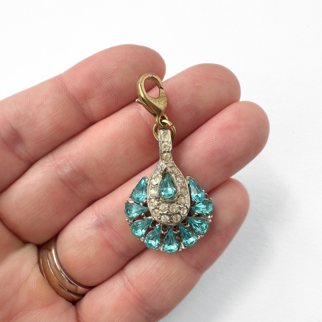 Vintage aqua blue and clear rhinestone decorative teardrop charm