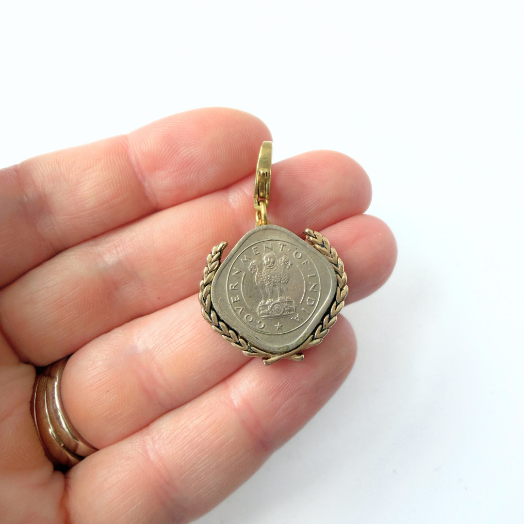 Refashioned Vintage Indian Annas coin and laurel wreath charm