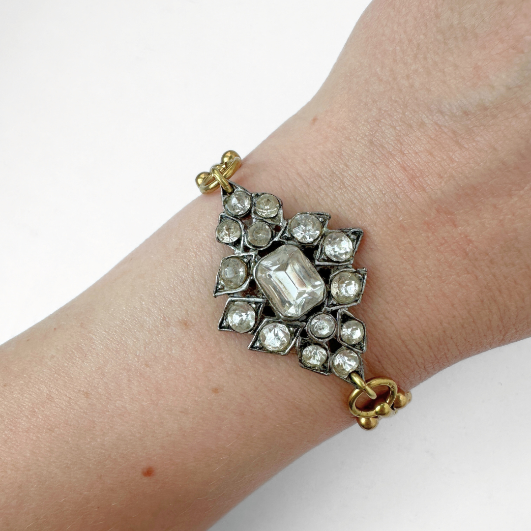 Repurposed vintage clear rhinestone bracelet with brass chain
