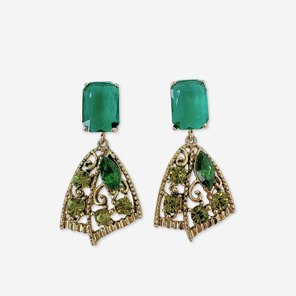 Refashioned vintage green rhinestone fan shaped earrings