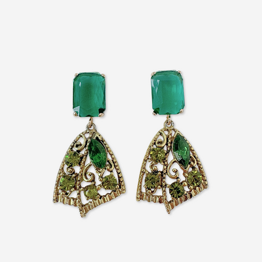 Refashioned vintage green rhinestone fan shaped earrings