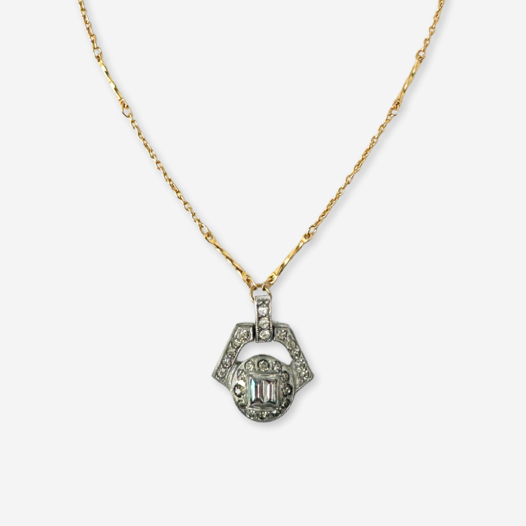 Small refashioned vintage rhinestone art deco pendant on thin gold chain
