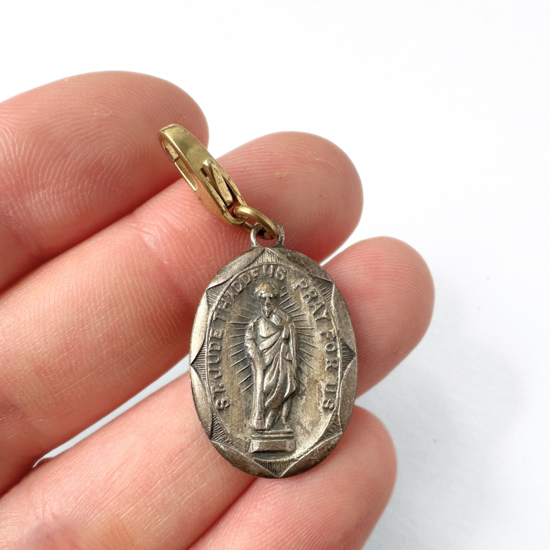 Vintage aged silver St. Jude oval charm
