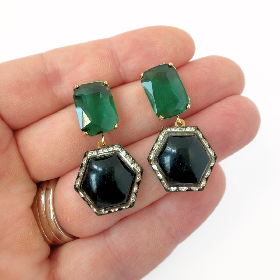 Refashioned vintage hexagonal black drop earrings with green posts