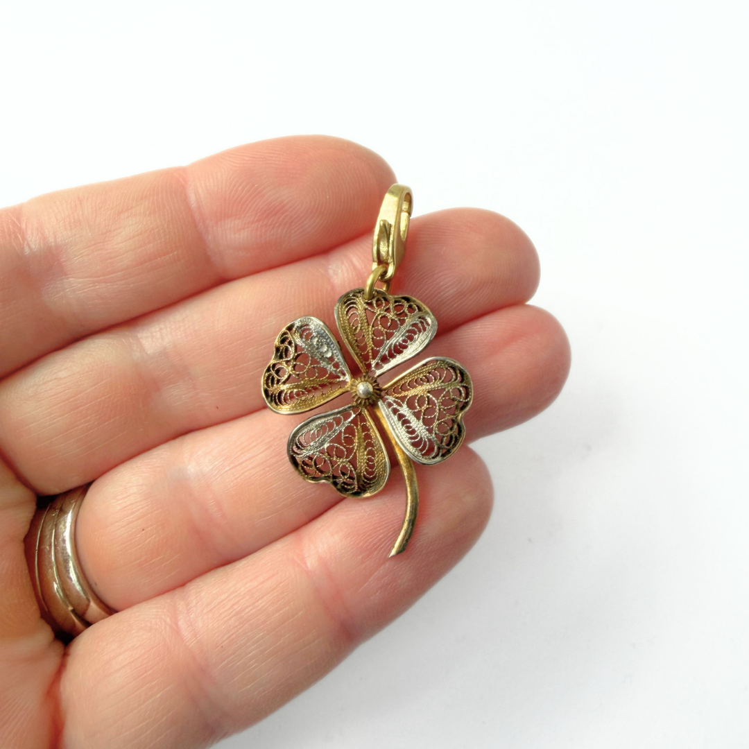 Refashioned vintage intricate spun-silver vermeil four-leaf clover charm