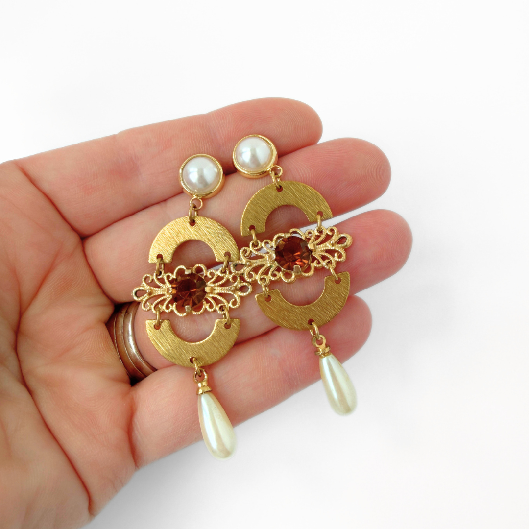 Refashioned vintage amber rhinestone and pearl assemblage earrings