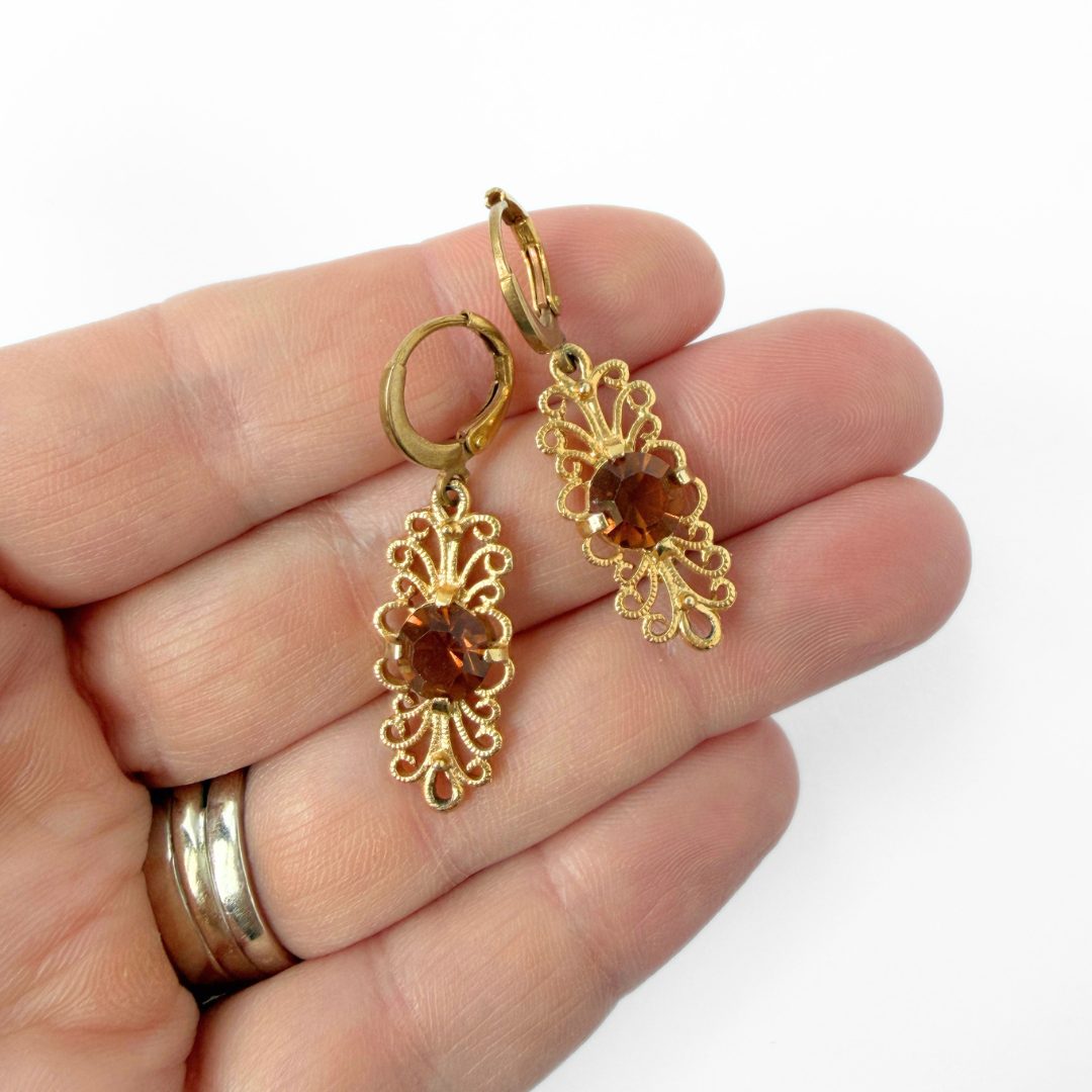 Refashioned vintage amber rhinestone and gold filigree earrings