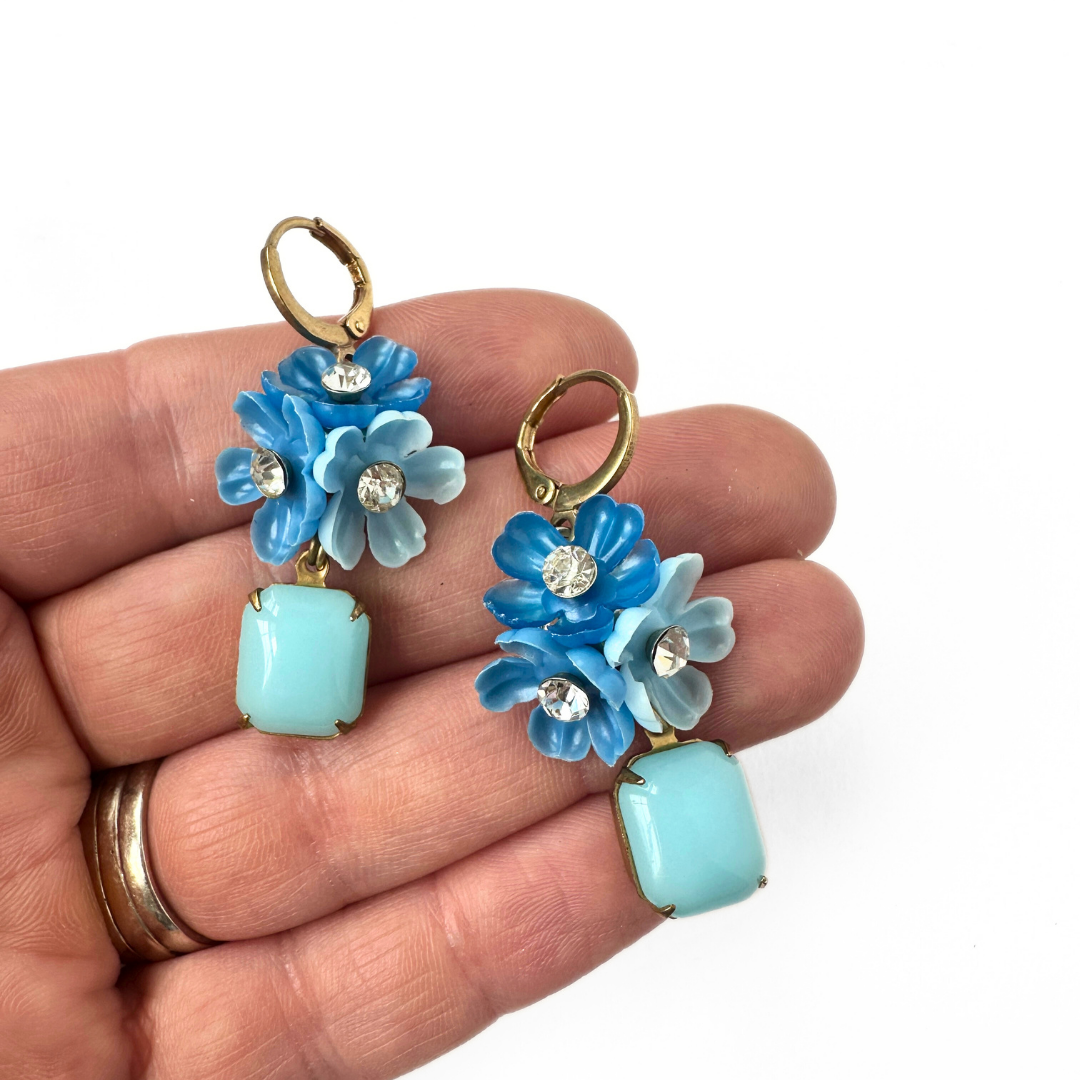 Refashioned vintage blue floral cluster earrings with glass drop