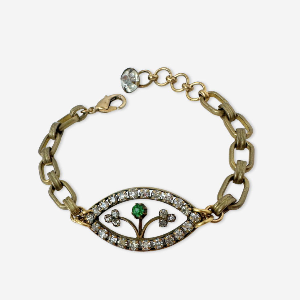 Repurposed vintage clear and green delicate Czech rhinestone link bracelet