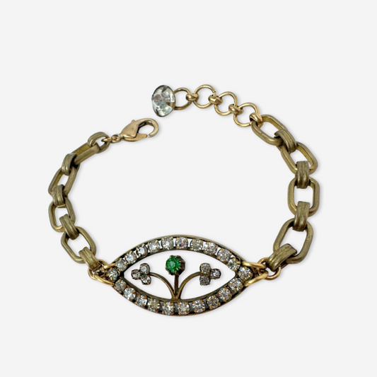 Repurposed vintage clear and green delicate Czech rhinestone link bracelet