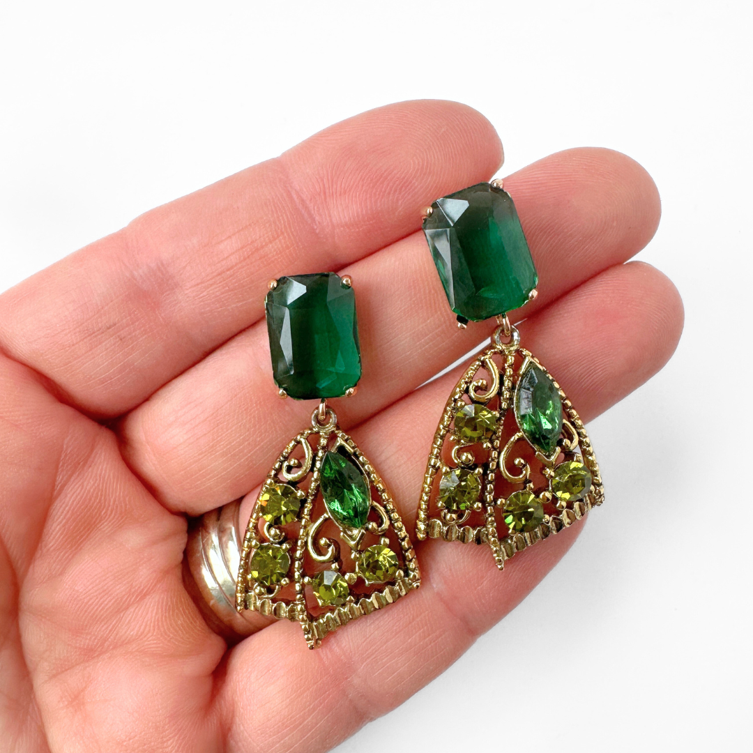 Refashioned vintage green rhinestone fan shaped earrings